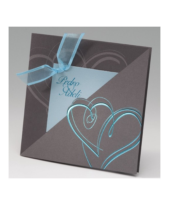 Invitación de boda corazones azul plata