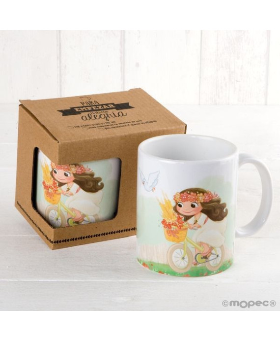 Taza Cerámica Niña Comunión en Bici con Caja Regalo