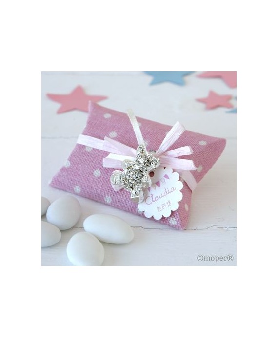 Broche osito strass estuche tela rosa topos   peladillas chocolate
