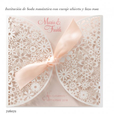 Invitación de boda encaje abierto lazo rosa