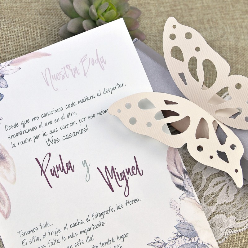 Invitacion de boda mariposa flores - Detalles de Boda