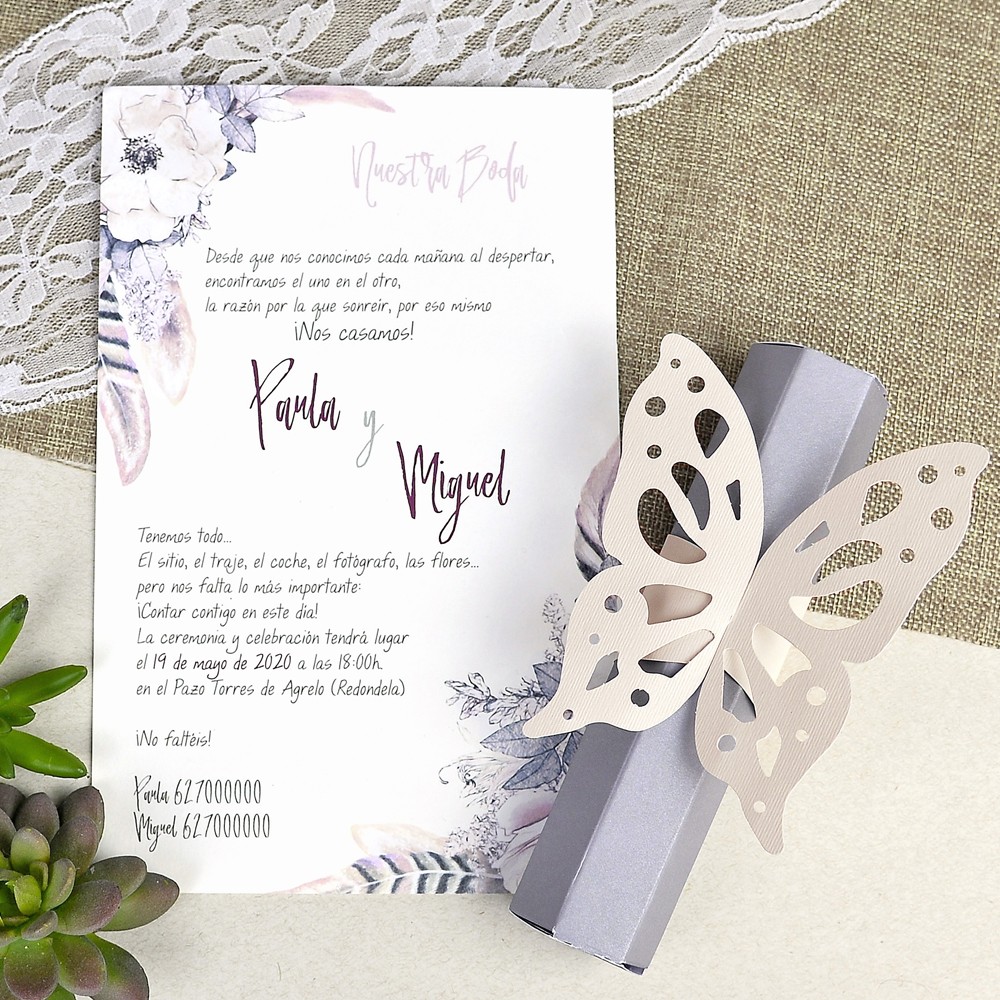 Invitacion de boda mariposa flores - Detalles de Boda