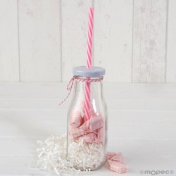 Botellita cristal caña rosa/viruta blanca 12 caramelos