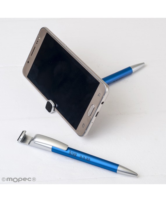 Bolígrafo-soporte móvil azul con borra-huellas pantalla