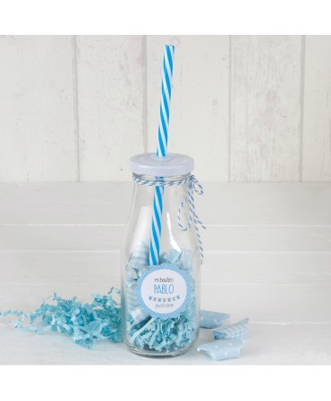 Botellita cristal caña azul y viruta azul 12 caramelos