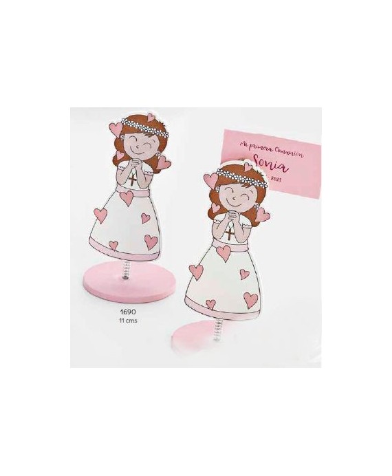 Sujeta-tarjetas niña comunión corazones madera