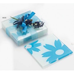 Set 4 posavasos cristal flores con caja, lazo y ramito azul