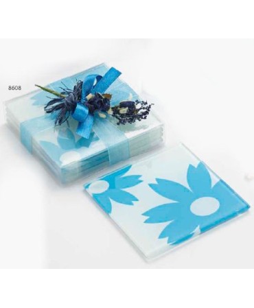 Set 4 Posavasos Cristal Flores Con Caja, Lazo y Ramito Azul