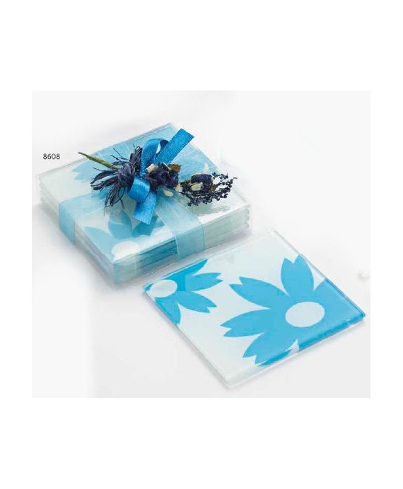 Set 4 Posavasos Cristal Flores Con Caja, Lazo y Ramito Azul