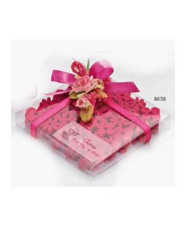 Set 4 Posavasos Flores Con Caja, Lazo y Ramito Rosa