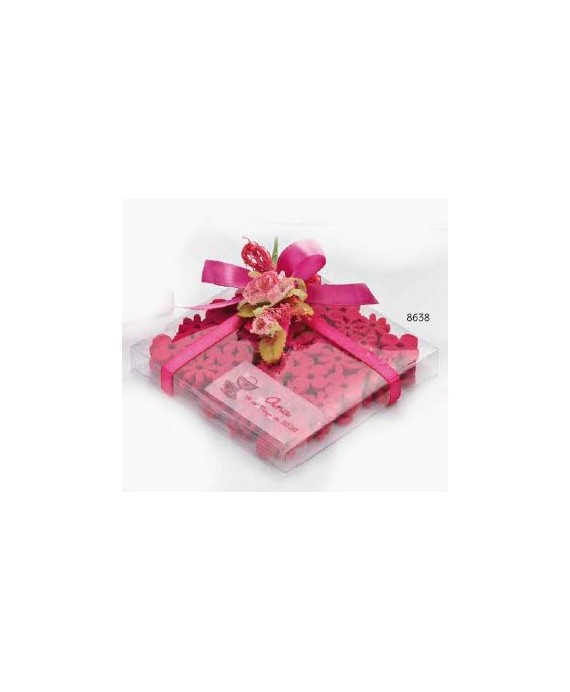 Set 4 Posavasos Flores Con Caja, Lazo y Ramito Rosa