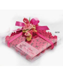 Set 4 Posavasos Flores Con Caja, Lazo y Ramito Rosa