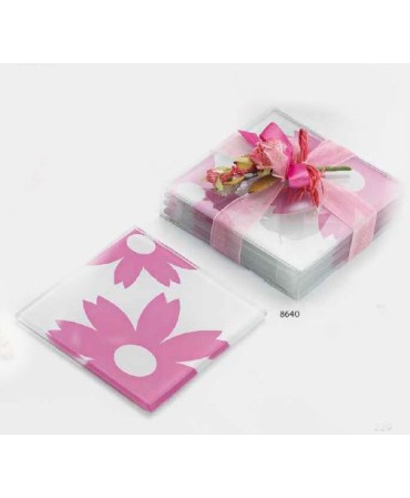 Set 4 posavasos cristal flores con caja, lazo y ramito rosa
