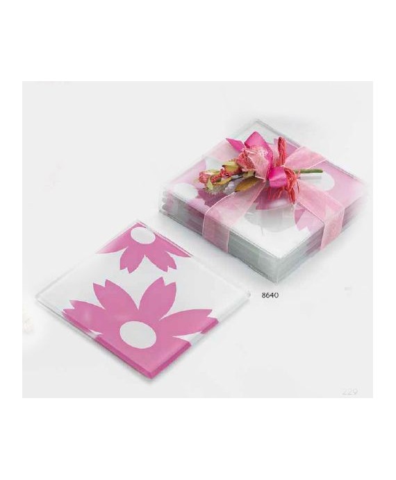 Set 4 posavasos cristal flores con caja, lazo y ramito rosa