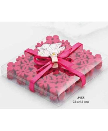 Set 4 posavasos flores con caja, lazo y pinza cigüeña rosa