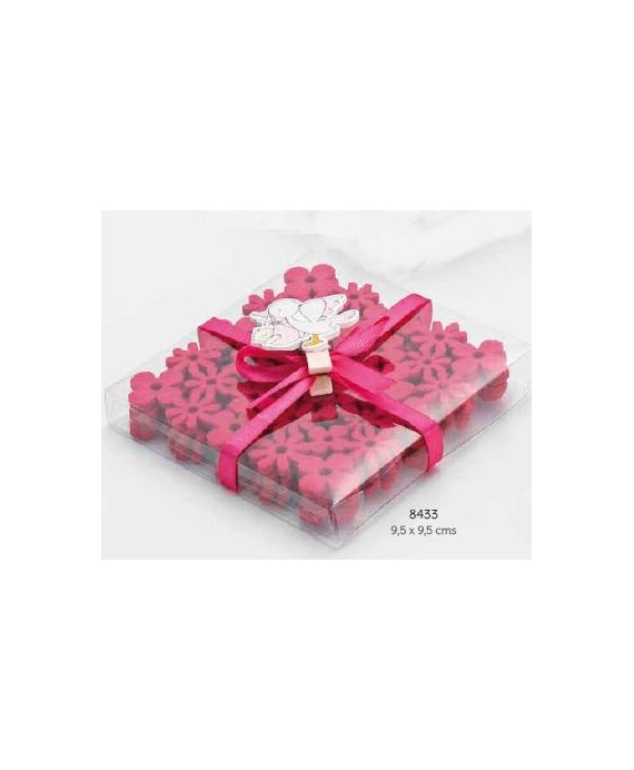 Set 4 posavasos flores con caja, lazo y pinza cigüeña rosa