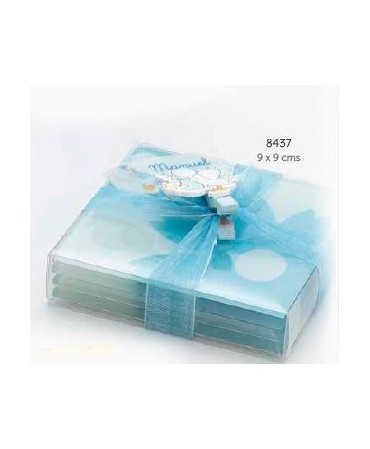 Set 4 posavasos cristal flores con caja, lazo y pinza cigüeña celeste