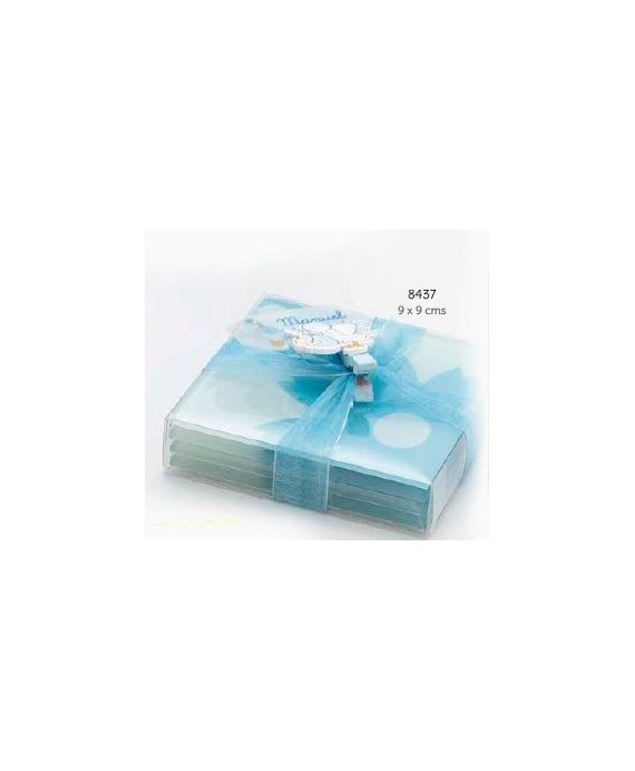 Set 4 posavasos cristal flores con caja, lazo y pinza cigüeña celeste