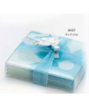 Set 4 posavasos cristal flores con caja, lazo y pinza cigüeña celeste