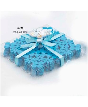 Set 4 posavasos flores con caja, lazo y pinza cigüeña celeste