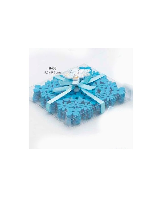 Set 4 posavasos flores con caja, lazo y pinza cigüeña celeste