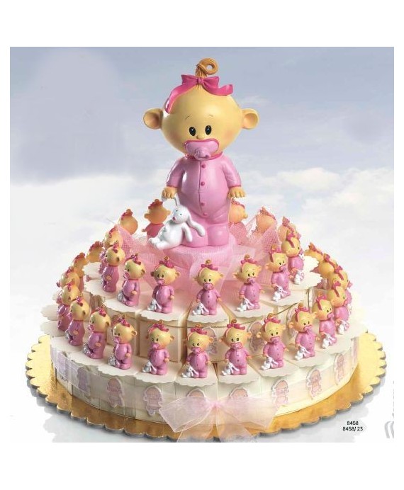 Tarta 23 cajitas bebé niña chupete rosa
