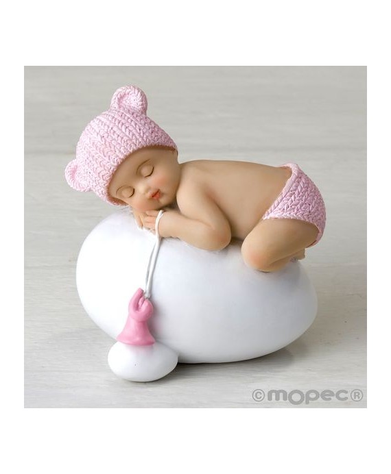 Figura niña bebé rosa durmiendo sobre huevo, 7,5x8cm.