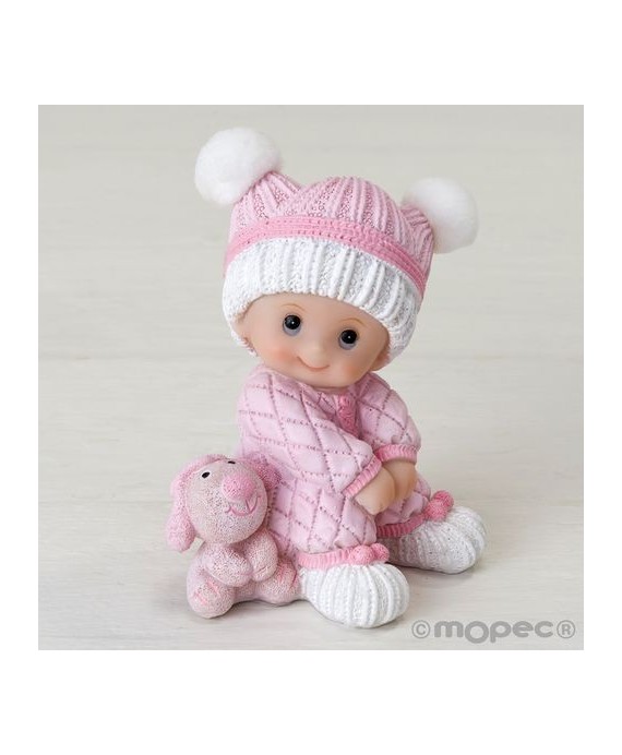 Figura pastel niña bebé sentada con peluche, 10cm.