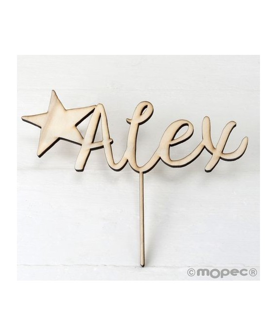 Cake topper madera personalizado nombres/estrella 15cm.aprox