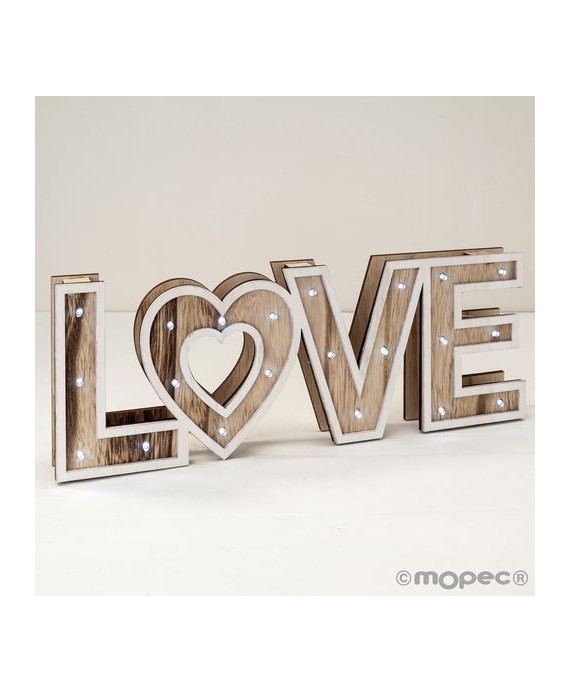Decoración madera 40x14,5x4cm. LOVE con luz led