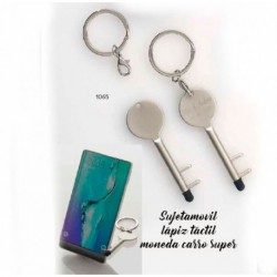 Llavero llave sujeta-móvil, puntero táctil, moneda carro super c/caja platedada
