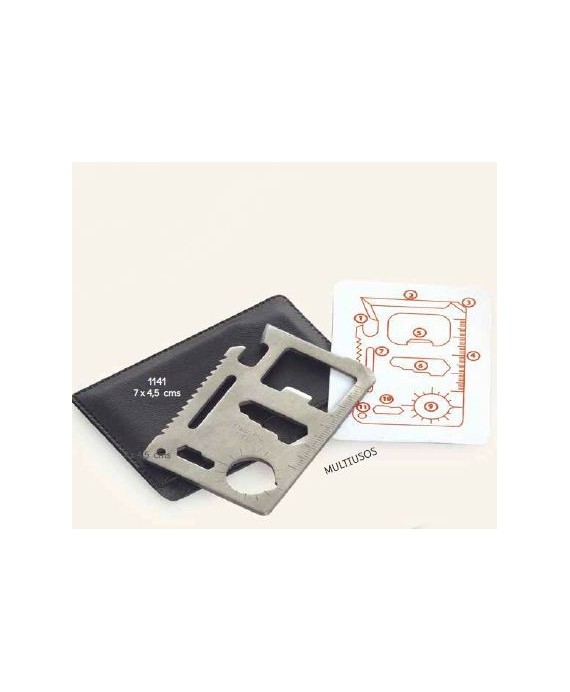 Tarjeta acero multiusos c/ funda y caja plateada de regalo. 8x5,5 cm