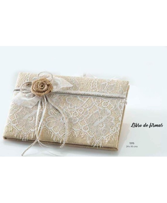 Libro de firmas puntilla flor rústica. 24x16 cms