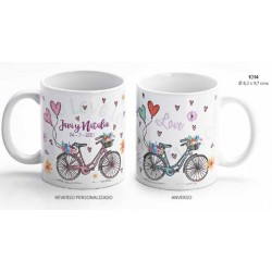 Taza bicicleta corazones boda c/caja de regalo.