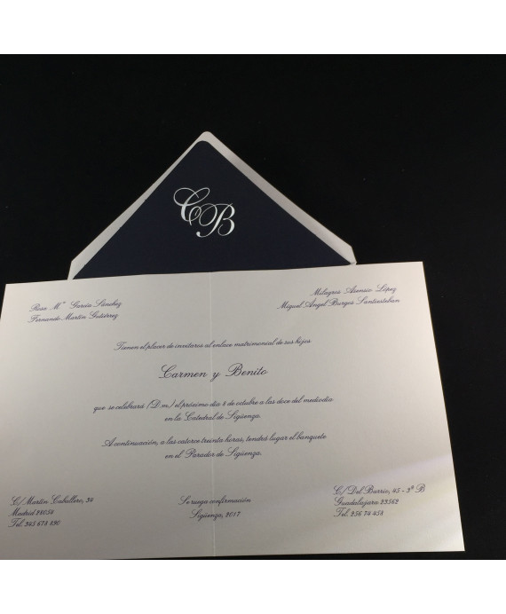 Invitacion de Boda tarjeton azul oscuro y oro
