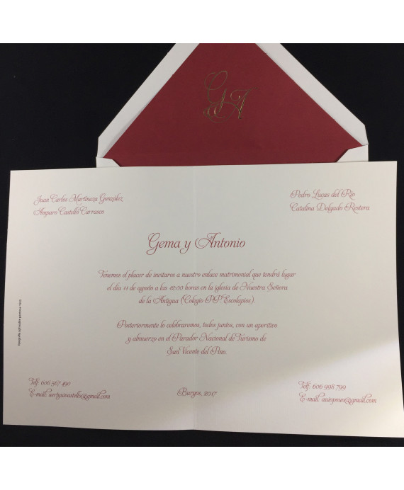 Invitacion de Boda tarjeton granate y oro