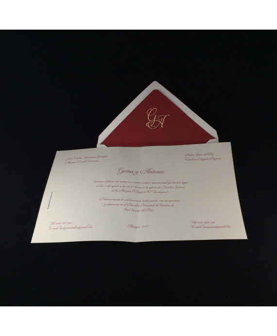 Invitacion de Boda tarjeton granate y oro