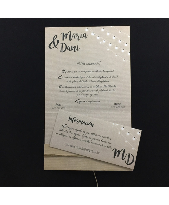 Invitacion de Boda bombillas corazon metal atado