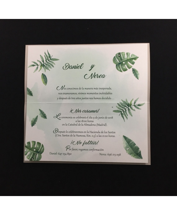 Invitacion de Boda nombres laser portada decoracion hojas