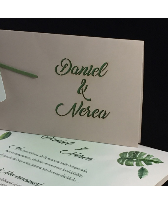 Invitacion de Boda nombres laser portada decoracion hojas