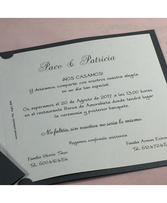 Invitacion de Boda nombres laser portada gris perlado