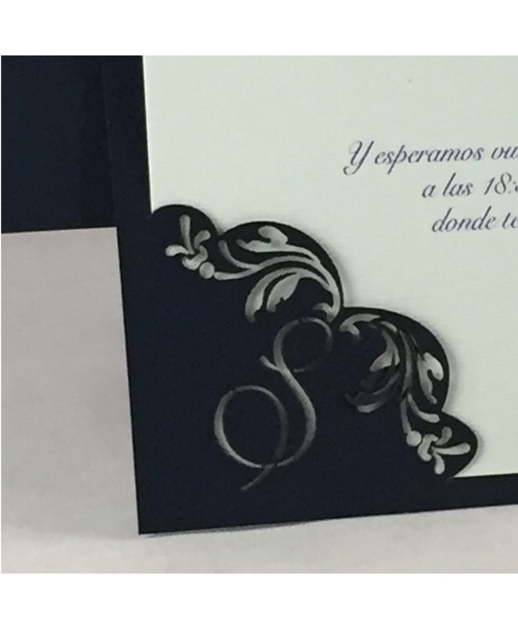 Invitacion de Boda iniciales laser esquinas color azul oscuro