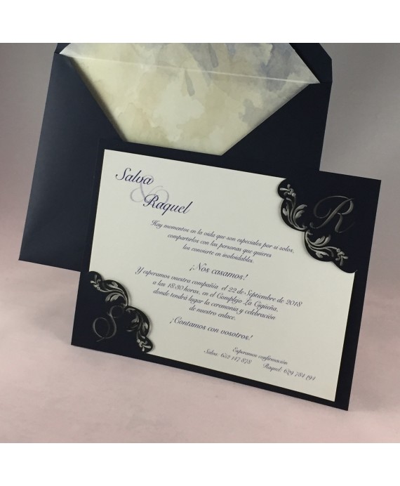 Invitacion de Boda iniciales laser esquinas color azul oscuro