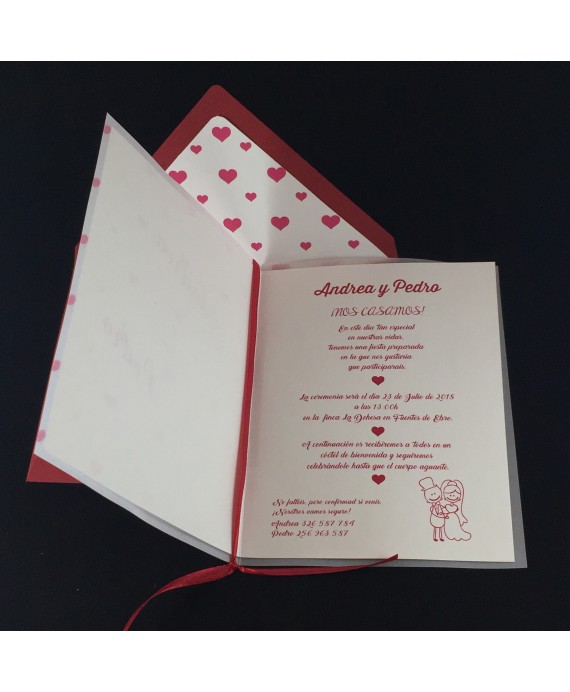 Invitacion de Boda papel vegetal corazones rojos portada