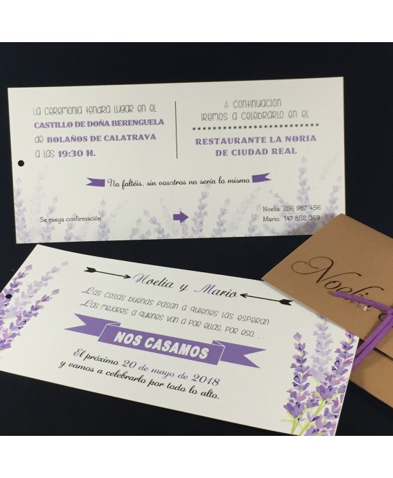 Invitacion de Boda nombres laser portada kraft interior lavanda