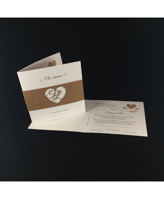 Invitacion de Boda iniciales corazon laser portada kraft