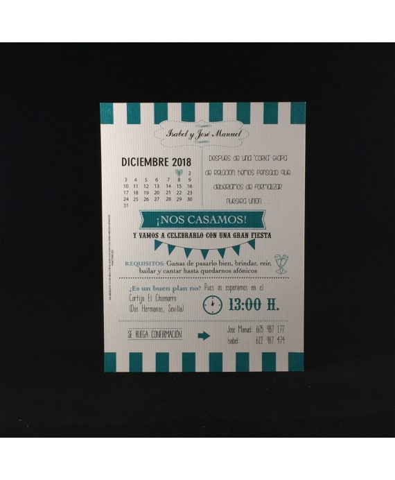 Invitacion de Boda calendario verde agua