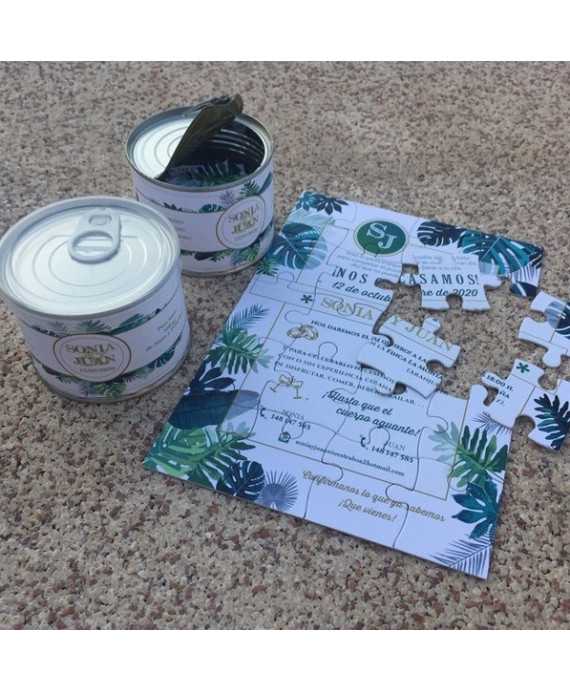 Invitacion de Boda puzzle lata de conserva pequeña