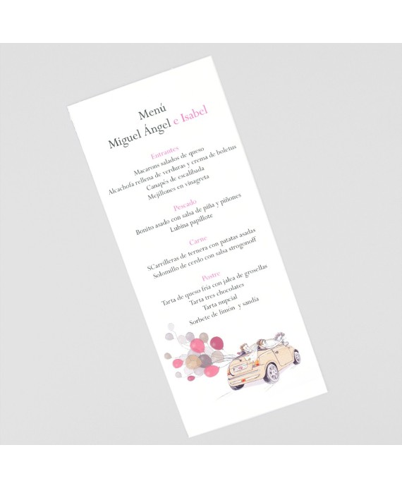 Menu para boda coche globos