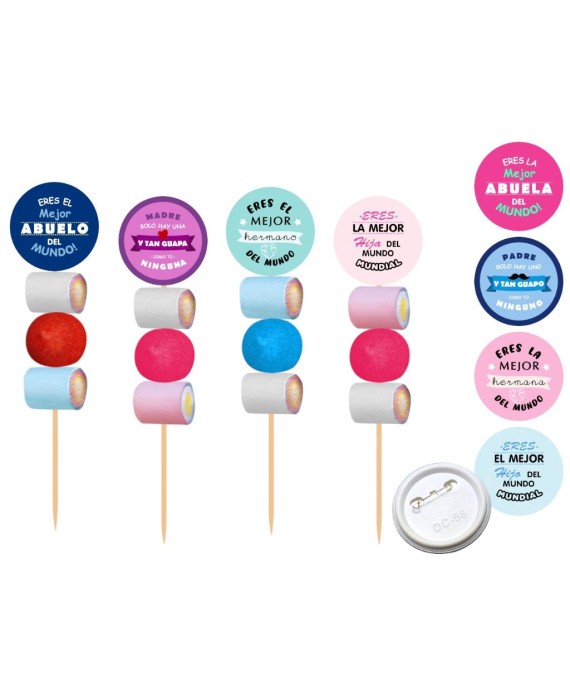 Brocheta de golosinas con chapa alfiler familia